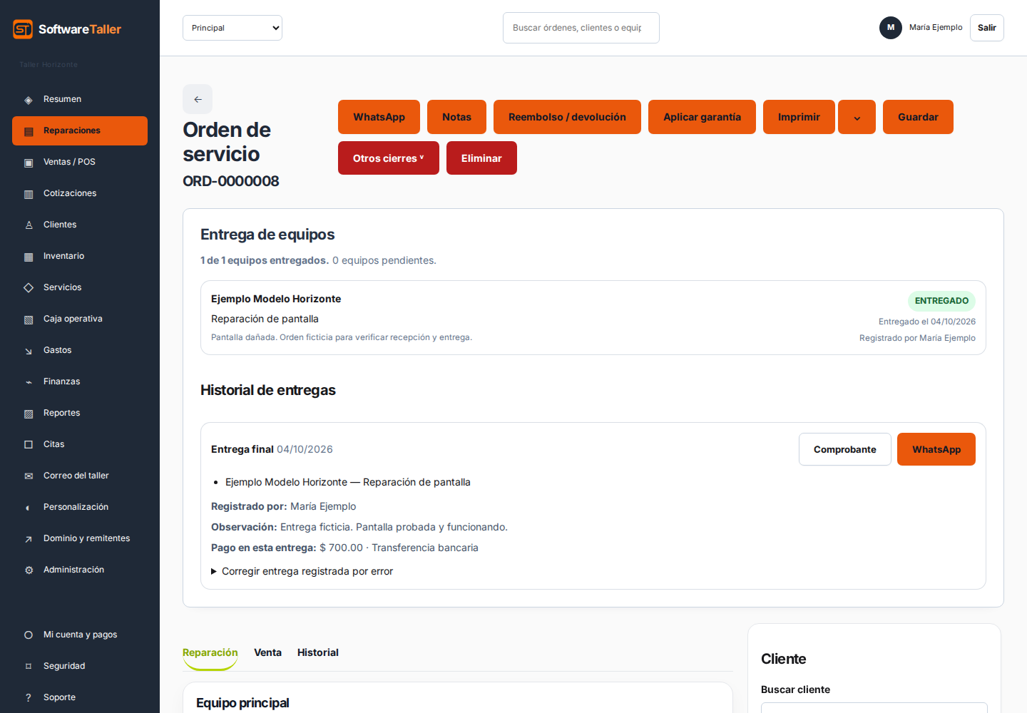 Detalle real de una orden ficticia en SoftwareTaller